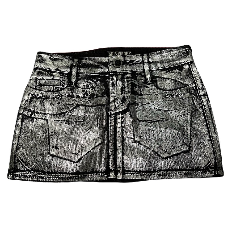 Vintage Lip Service Micro Mini Skirt Metallic Silver Denim 26 Made USA Cyber Y2K